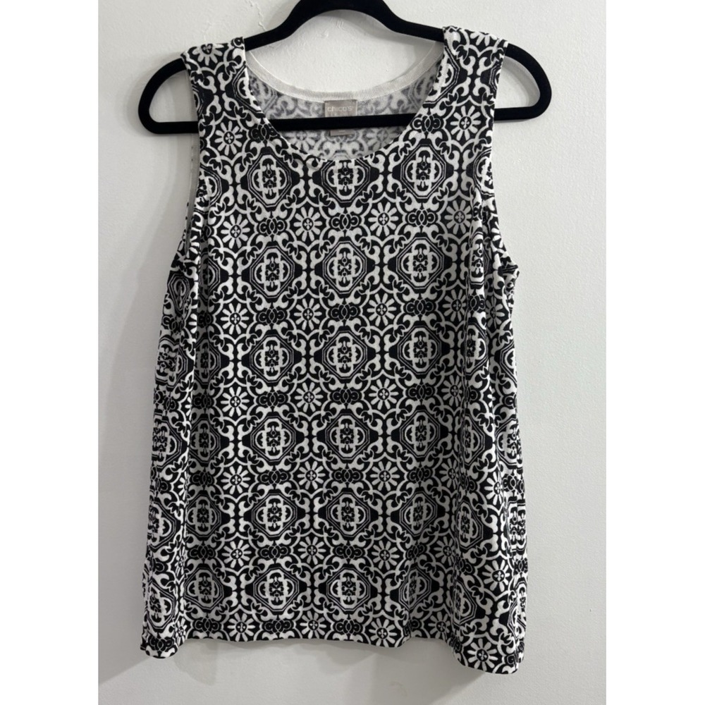 Chico's Womens Size 2 Large Sleeveless Sweater Top Black White Geometric Career